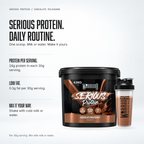 Warrior Serious Protein Chocolate Milkshake 4.5kg tub with a clear shaker: 24g protein per 30g serving, 0.3g fat, mix with cold milk or water