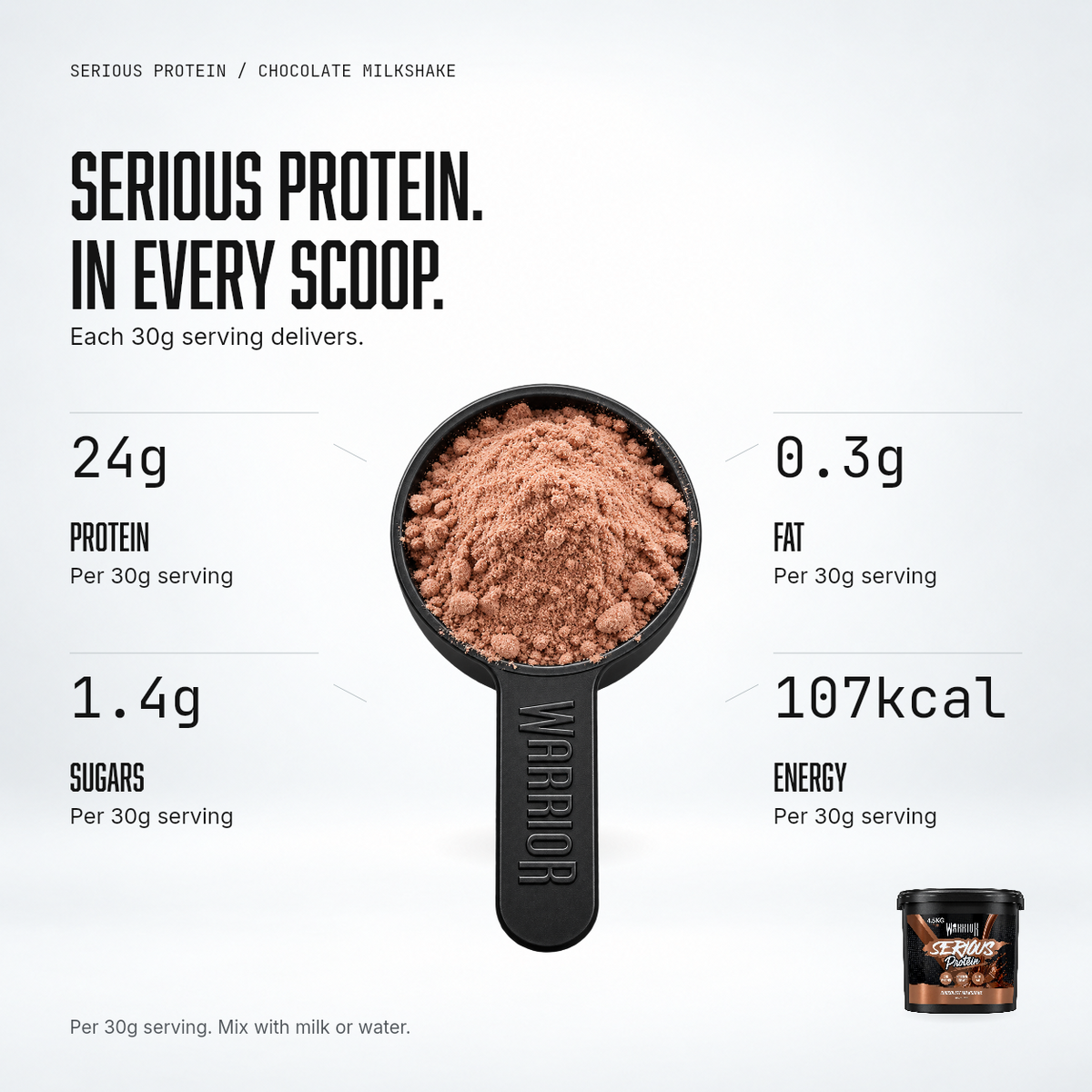 Scoop of Warrior Serious Protein Chocolate Milkshake powder with per-serving values: 24g protein, 0.3g fat, sugars and energy per 30g