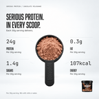 Scoop of Warrior Serious Protein Chocolate Milkshake powder with per-serving values: 24g protein, 0.3g fat, sugars and energy per 30g
