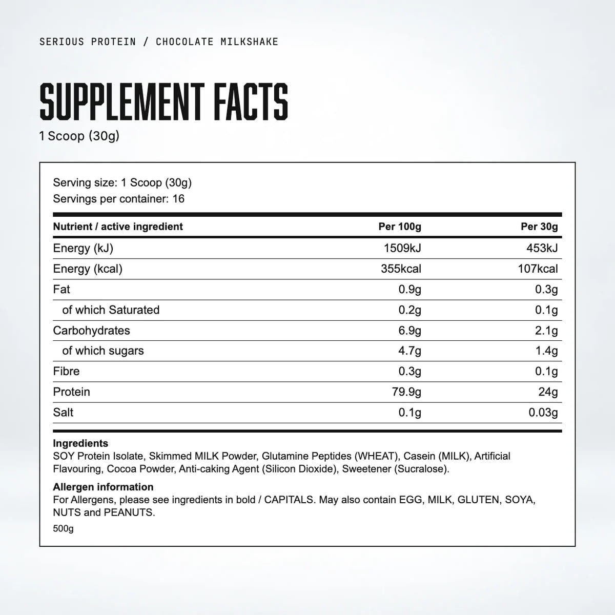 Warrior Serious Protein, Chocolate Milkshake: supplement facts