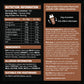 A product information card for Serious Protein Chocolate Flavouring powder. The card features a dark brown background with a white nutrition facts table on the left, a brown text block on the right explaining serving suggestions and storage, and a small illustration showing 24g of powder mixed with 250-300ml of milk/water.