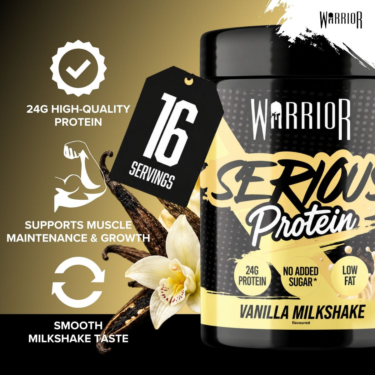 A 500g tub of Warrior Serious Protein Vanilla Milkshake, shown against a golden background with vanilla beans and a vanilla flower, alongside promotional text highlighting 24g high-quality protein, 16 servings, muscle support, and smooth milkshake taste.
