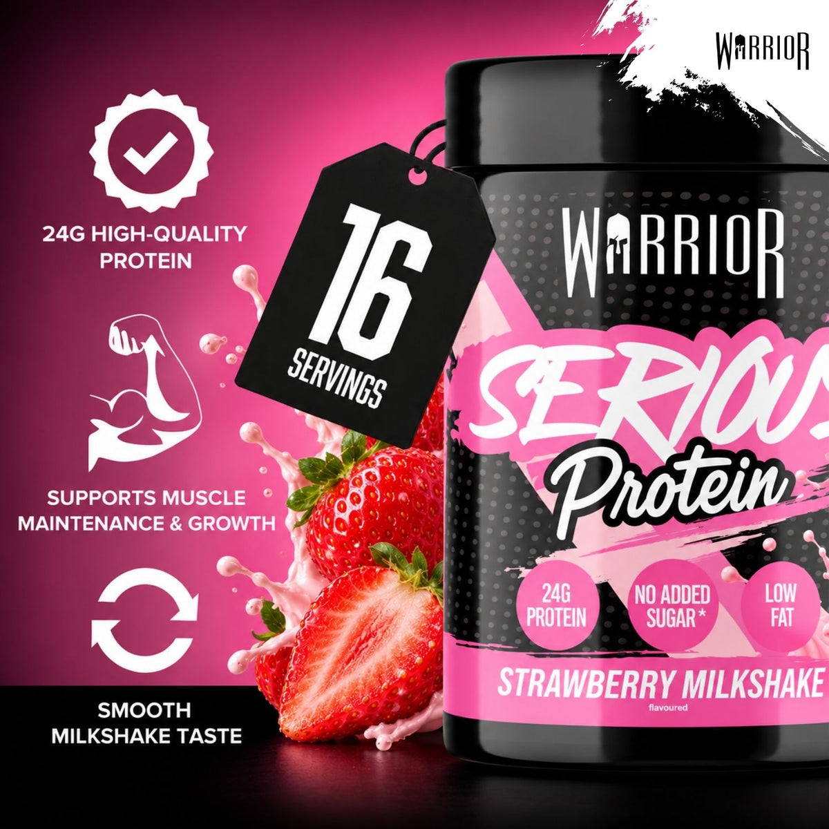 A tub of Warrior Serious Protein Strawberry Milkshake flavour is shown on a dark pink promotional background with fruit graphics and callout icons for protein content, muscle support, and smooth taste. The product container is black with pink and white label text, and a hanging tag says 16 servings.