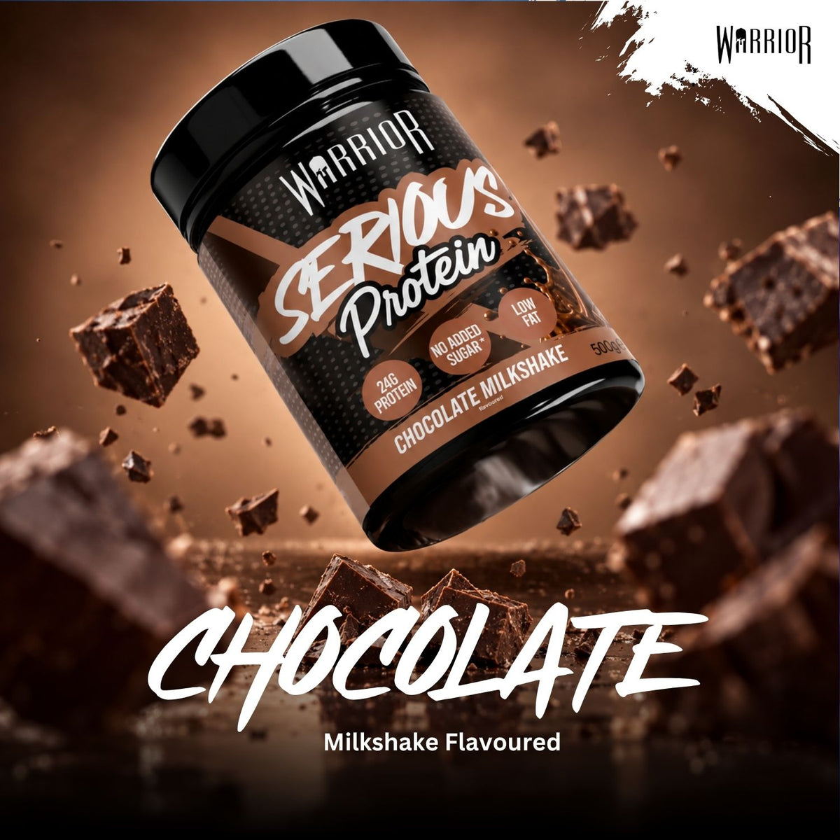 A tub of Warrior Serious Protein Chocolate Milkshake flavour protein powder floating diagonally over a dark chocolate background with floating chocolate chunks and large 'CHOCOLATE' text at the bottom.
