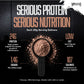 Promotional graphic for Serious Protein powder by Warrior, showing a scoop of light brown powder on a dark textured background with text highlighting protein, fat, sugars, and calories per 30g serving.
