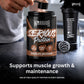 A person's hand is shown adding a scoop of powder into a black tub of Warrior Serious Protein Chocolate Milkshake. A matching black Warrior shaker bottle and a metal mixing ball sit on a dark countertop, with text below reading 'Supports muscle growth & maintenance' and '24g of high-quality protein in every serving'.