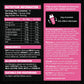 A pink and white product information card for Serious Protein strawberry flavored powder. The left side contains a nutrition facts table, ingredients list, and allergen information.