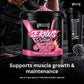 A large black tub of Warrior Serious Protein in Strawberry Milkshake flavor stands on a dark surface with pink powder being poured into it. A black shaker bottle and a metal scoop are placed beside it, with a person's hand and torso partially visible in the background.
