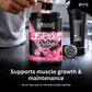 A person's hand is shown adding a scoop of powder into a black tub of Warrior Serious Protein Strawberry Milkshake. A matching black Warrior shaker bottle and a metal mixing ball sit on a dark countertop, with text below reading 'Supports muscle growth & maintenance' and '24g of high-quality protein in every serving'.
