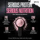 Promotional graphic titled 'Serious Protein, Serious Nutrition' for Warrior, showing a scoop of light pink protein powder on a dark background with nutrition callouts for a 30g serving: 24g protein (supports muscle growth and maintenance), low fat (0.3g per serving), 1.6g sugars (no added sugar), and 110 calories.
