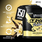 A 4.5kg tub of Warrior Serious Protein Vanilla Milkshake flavor, shown on a black and gold background with vanilla beans, a white orchid, and promotional text highlighting 24g high-quality protein and 150 servings.