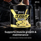 A large black tub of Warrior Serious Protein Vanilla Milkshake powder is shown on a dark surface with powder splashing from the lid. A person's hands and torso are partially visible behind it, along with a black Warrior shaker bottle and a small metal scoop.