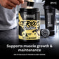 A person's hand is shown adding a scoop of powder into a black tub of Warrior Serious Protein Vanilla Milkshake. A matching black Warrior shaker bottle and a metal mixing ball sit on a dark countertop, with text below reading 'Supports muscle growth & maintenance' and '24g of high-quality protein in every serving'.