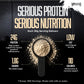 Promotional graphic titled 'Serious Protein, Serious Nutrition' for Warrior, showing a scoop of beige protein powder on a dark background with nutrition callouts for a 30g serving: 24g protein (supports muscle growth and maintenance), low fat (0.3g per serving), 1.8g sugars (no added sugar), and 110 calories.