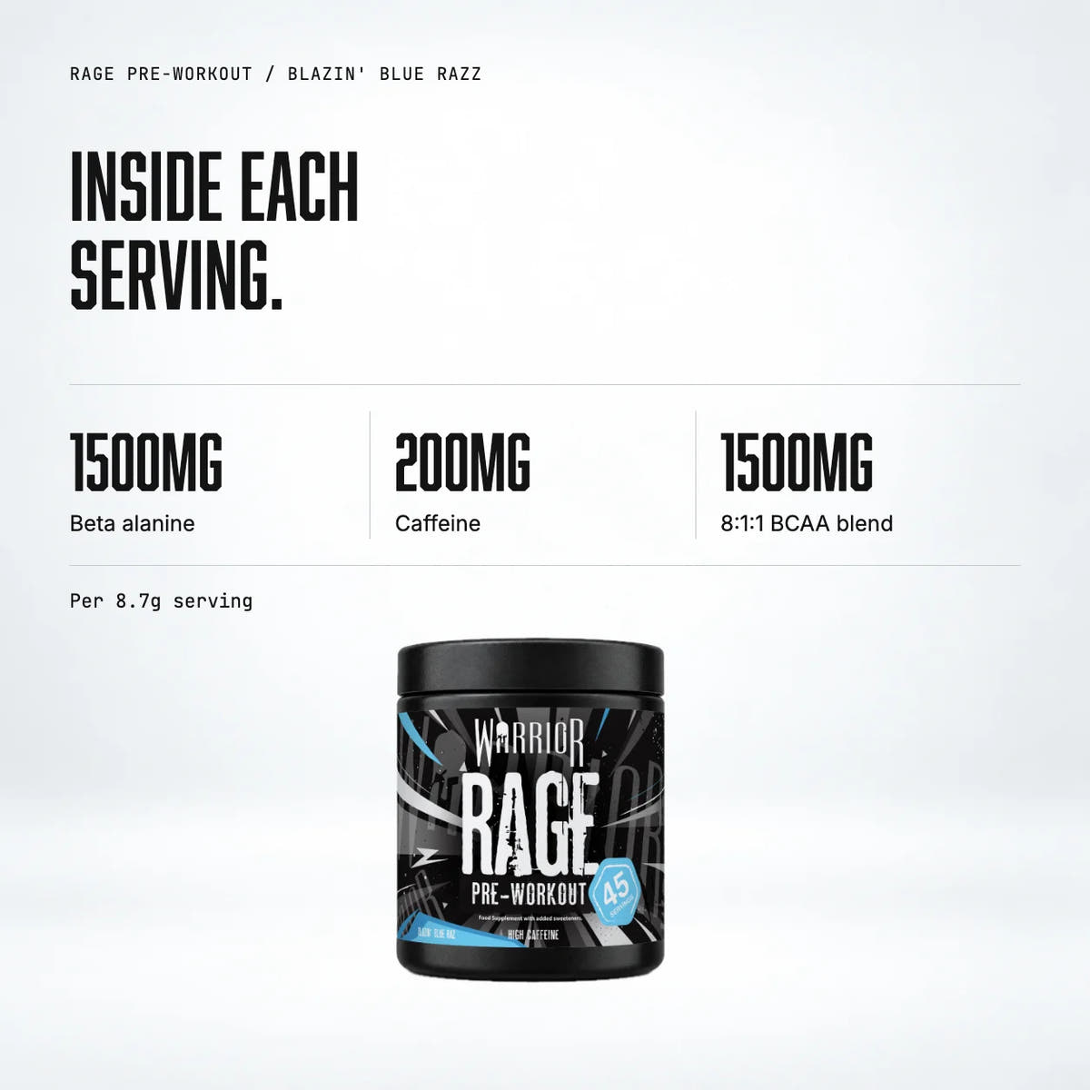 Warrior Rage Pre-Workout Powder, Blazin' Blue Razz: macro callout