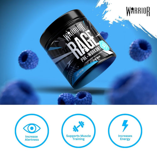 Warrior Rage Pre-Workout Powder, Blazin' Blue Razz flavour, with icons for increased alertness, muscle training support and energy