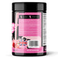 Back label of Warrior Serious Protein tub, Strawberry Milkshake flavour, pink label, showing serving suggestion instructions ("add one scoop to 250-300ml cold milk or water"), usage warnings, storage information, and UK/EU manufacturer addresses (KBF Enterprises, Manchester; Freyr, Germany).