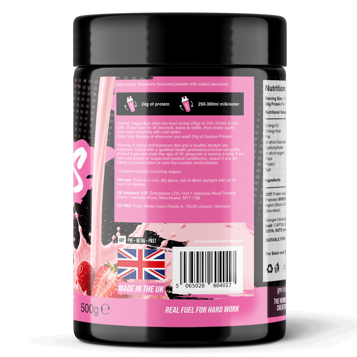 Back label of Warrior Serious Protein tub, Strawberry Milkshake flavour, pink label, showing serving suggestion instructions ("add one scoop to 250-300ml cold milk or water"), usage warnings, storage information, and UK/EU manufacturer addresses (KBF Enterprises, Manchester; Freyr, Germany).