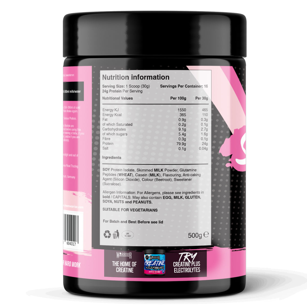 Back label of Warrior Serious Protein tub, Strawberry Milkshake flavour, showing the nutrition information panel — 365 kcal, 0.9g fat, 9.1g carbs, 24g protein per 30g serving (16 servings per 500g container) — plus ingredients list (soy protein isolate, skimmed milk powder, glutamine peptides, casein, beetroot colour, sweetener) and allergen information.