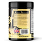 Back label of Warrior Serious Protein tub, Vanilla Milkshake flavour, yellow label, showing serving suggestion instructions ("add one scoop to 250-300ml cold milk or water"), usage warnings, storage information, and UK/EU manufacturer addresses (KBF Enterprises, Manchester; Freyr, Germany).