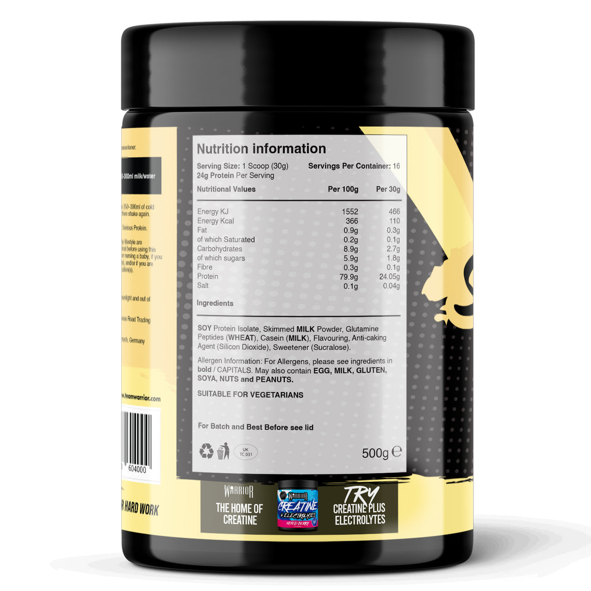 Back label of Warrior Serious Protein tub, Vanilla Milkshake flavour, showing the nutrition information panel — 366 kcal, 0.9g fat, 8.9g carbs, 24g protein per 30g serving (16 servings per 500g container) — plus ingredients list (soy protein isolate, skimmed milk powder, glutamine peptides, casein, sweetener) and allergen information.