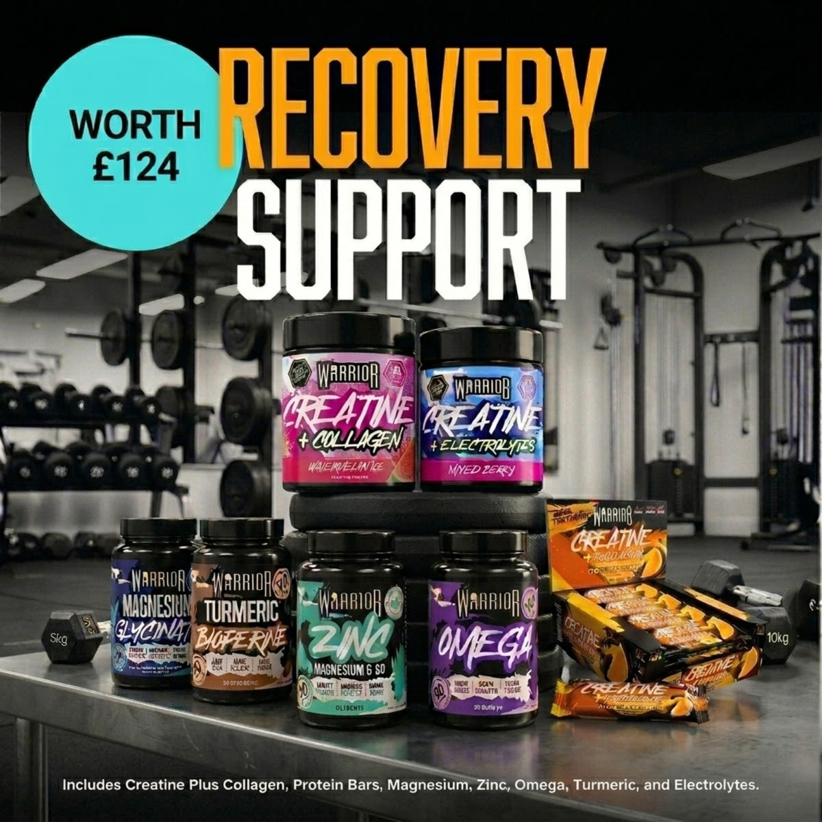 Warrior Recovery Support Bundle worth £124 - Creatine Plus Collagen, Creatine Plus Electrolytes, Magnesium Glycinate, Zinc, Omega, Turmeric and Creatine Protein Bars