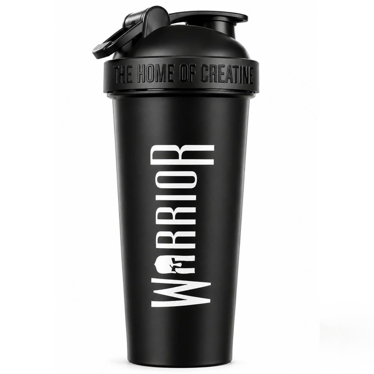 Warrior Home of Creatine Shaker 600ml in black, front view showing the Warrior logo and 'The Home of Creatine' branding embossed on the lid, with flip-cap spout