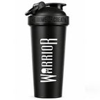 Warrior Home of Creatine Shaker 600ml in black, front view showing the Warrior logo and 'The Home of Creatine' branding embossed on the lid, with flip-cap spout