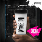 Warrior Shaker 600ml size guide - 21.7cm tall, 7cm base diameter, shown held in hand