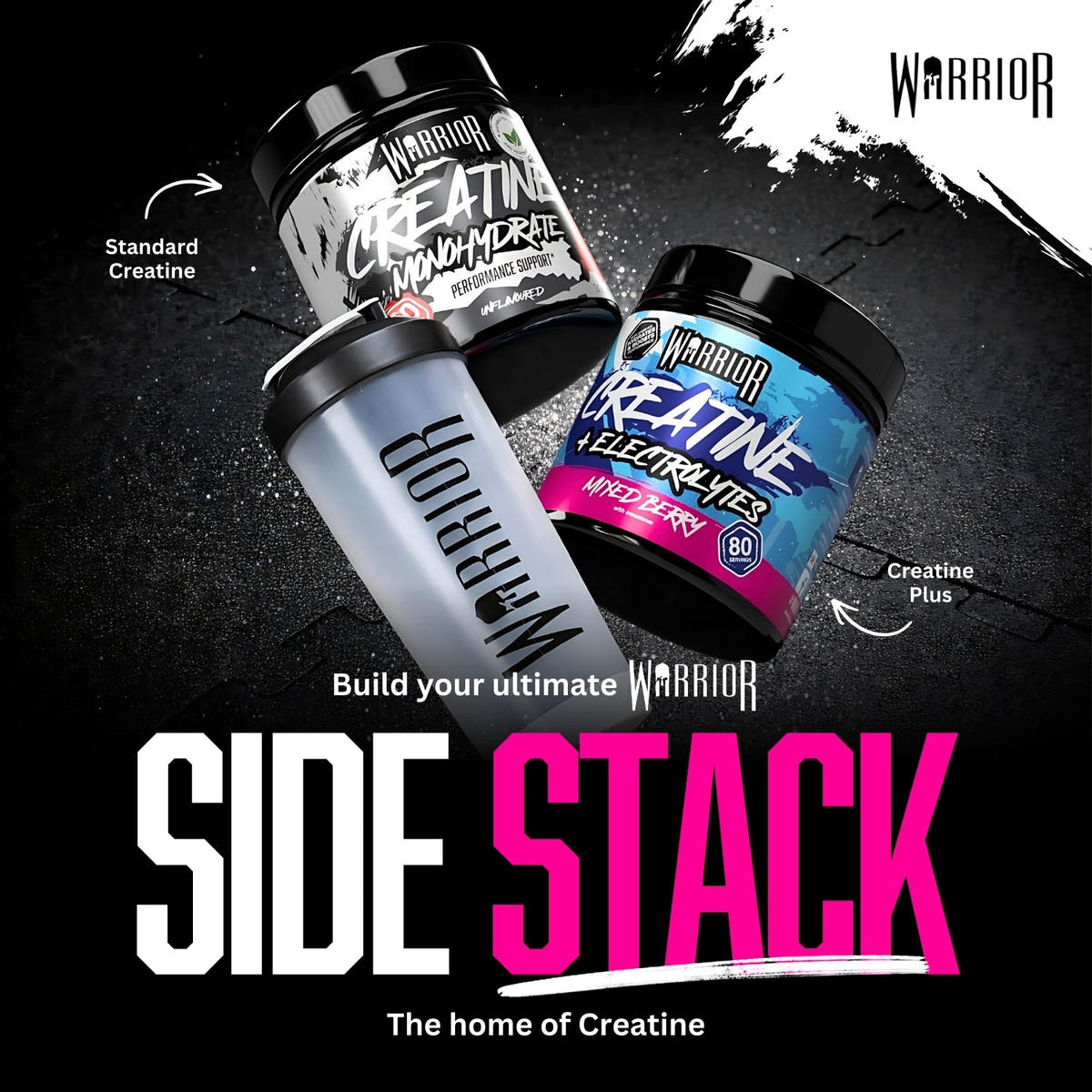 Warrior Side Stack bundle - Creatine Monohydrate, Creatine + Electrolytes tub, and Warrior Shaker, the Home of Creatine
