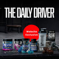 Supplement products with 'The Daily Driver' branding on a dark background