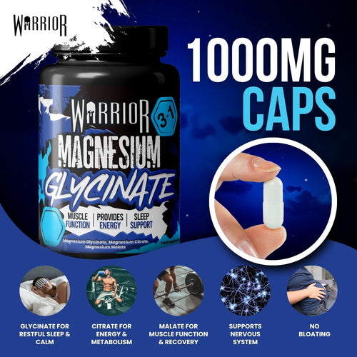 Warrior Magnesium Glycinate 3-in-1 Capsules - 1000mg capsules bottle with close-up of a capsule held in hand, and icons for muscle function, energy, sleep support, nervous system support, and no bloating