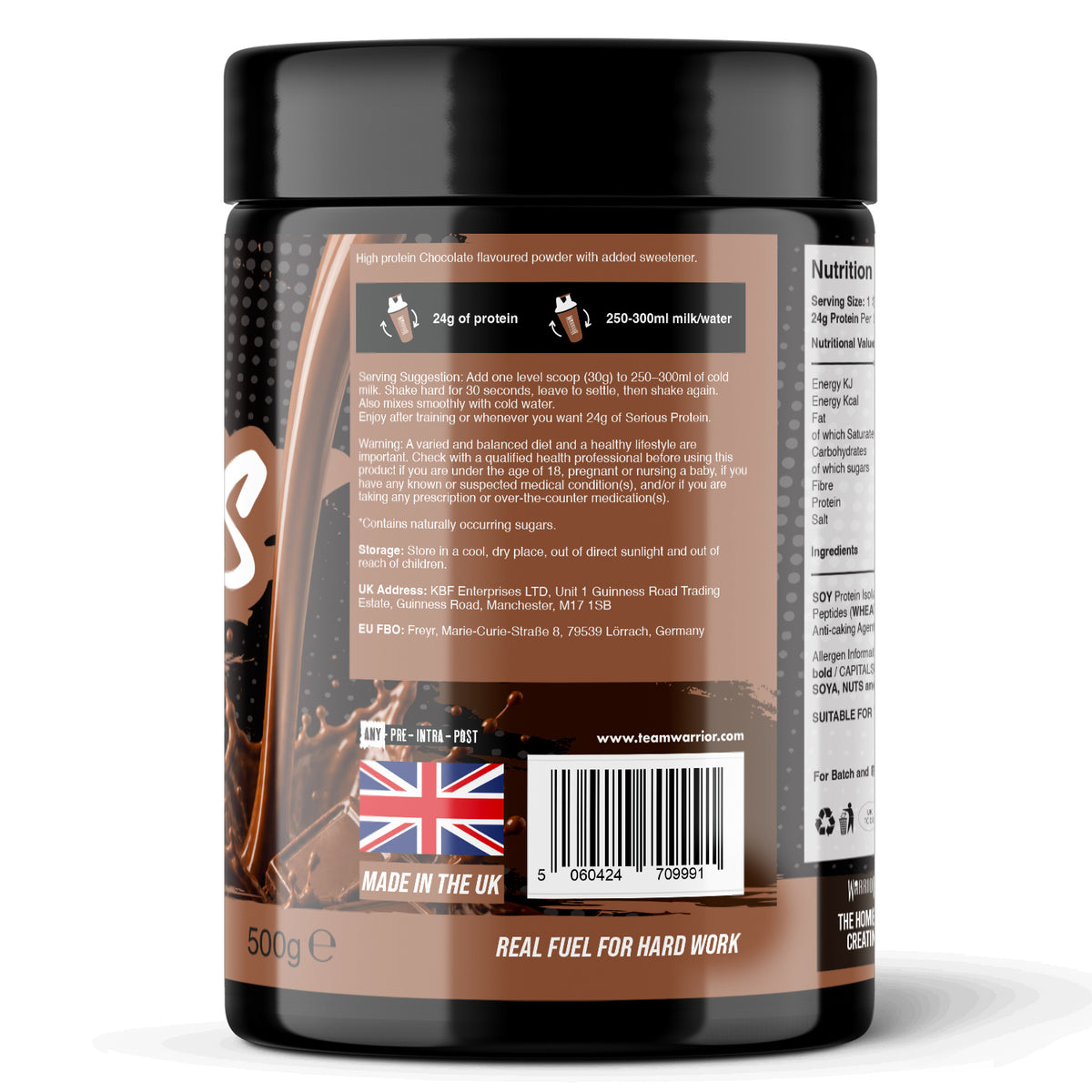 Back label of Warrior Serious Protein tub, Chocolate Milkshake flavour, brown label, showing serving suggestion instructions ("add one scoop to 250-300ml cold milk or water"), usage warnings, storage information, and UK/EU manufacturer addresses (KBF Enterprises, Manchester; Freyr, Germany).