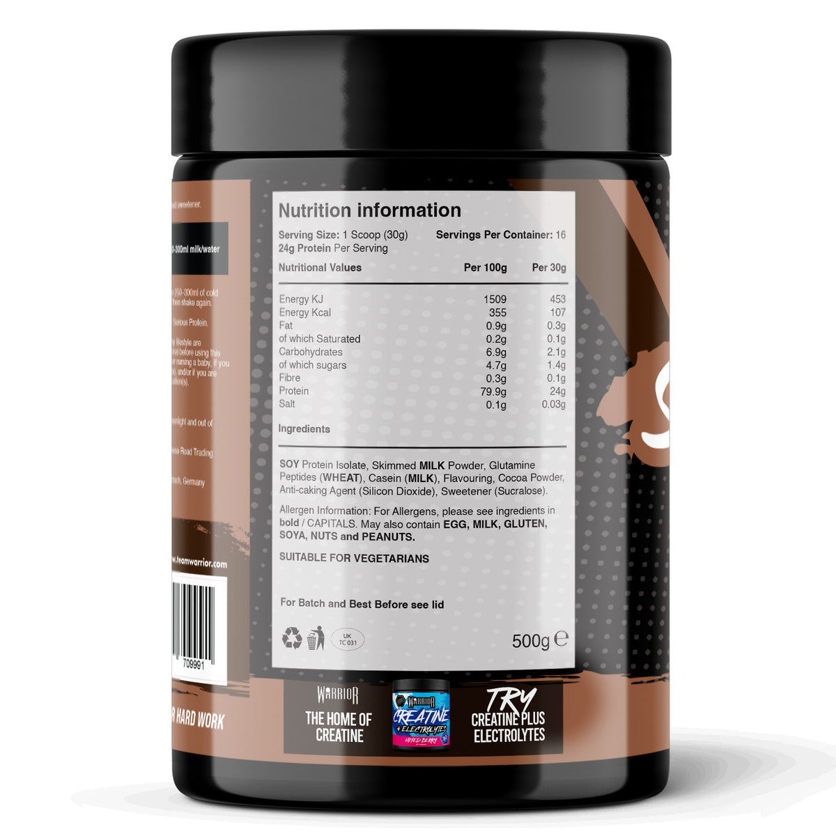 Back label of Warrior Serious Protein tub, Chocolate Milkshake flavour, showing the nutrition information panel — 355 kcal, 0.9g fat, 6.9g carbs, 24g protein per 30g serving (16 servings per 500g container) — plus ingredients list (soy protein isolate, skimmed milk powder, glutamine peptides, casein, cocoa powder, sweetener) and allergen information.