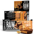Warrior RAW Protein Bar 24-pack Chocolate Peanut Butter box, sleeve of bars and single wrapper with peanut butter cup, group product shot