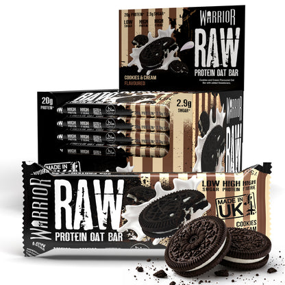 Warrior RAW Protein Bar 24-pack Cookies & Cream box, sleeve of bars and single wrapper with Oreo cookies and milk splash, group product shot