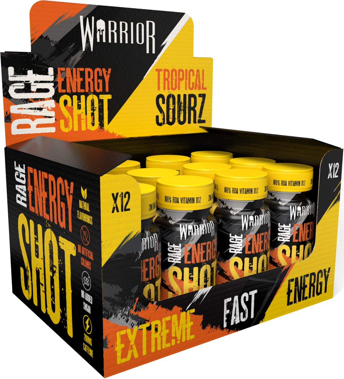Warrior Rage Pre-Workout Energy Shot box of 12, Tropical Sourz flavour, 60ml shots
