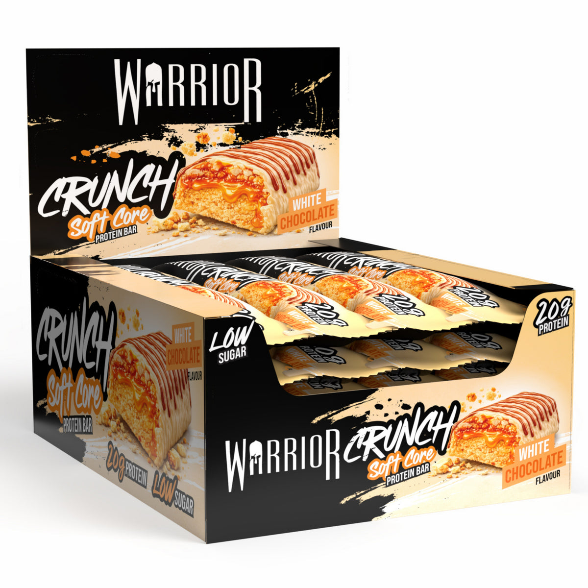 Warrior Crunch Soft Core White Chocolate protein bar, 12 x 64g display box – 20g protein, low sugar.