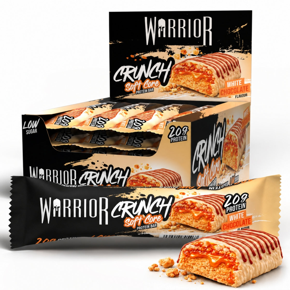 Warrior Crunch White Chocolate protein bar, 12 x 64g box – 20g protein per bar, low sugar, Halal certified.