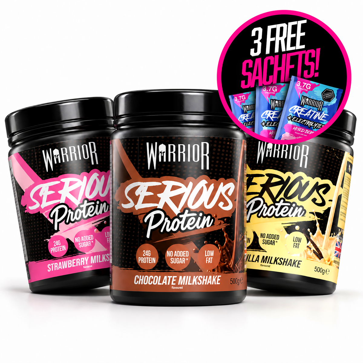 Warrior Serious Protein 3-pack, 500g tubs of Chocolate, Strawberry and Vanilla Milkshake, arranged on a white background with a pink badge reading '3 Free Sachets!'.
