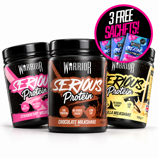 Warrior Serious Protein 3-pack, 500g tubs of Chocolate, Strawberry and Vanilla Milkshake, arranged on a white background with a pink badge reading '3 Free Sachets!'.