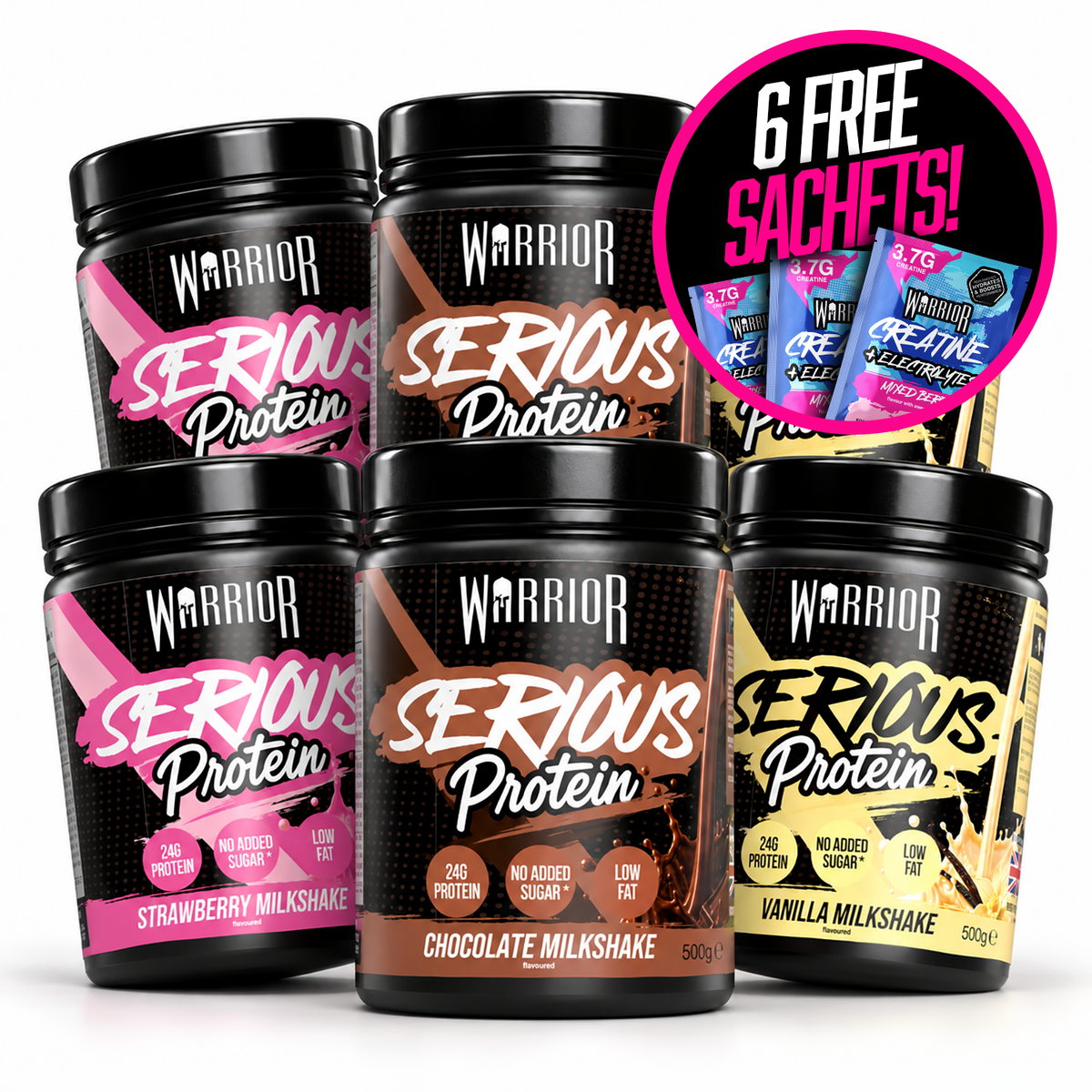 Warrior Serious Protein 6-pack, six 500g tubs of Chocolate, Strawberry and Vanilla Milkshake (two of each), arranged on a white background with a pink badge reading '6 Free Sachets!'.