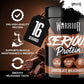 Warrior Serious Protein Chocolate Milkshake, 500g, on a dark brown background with icons highlighting protein content, muscle support and smooth taste, and a hangtag stating 16 servings.