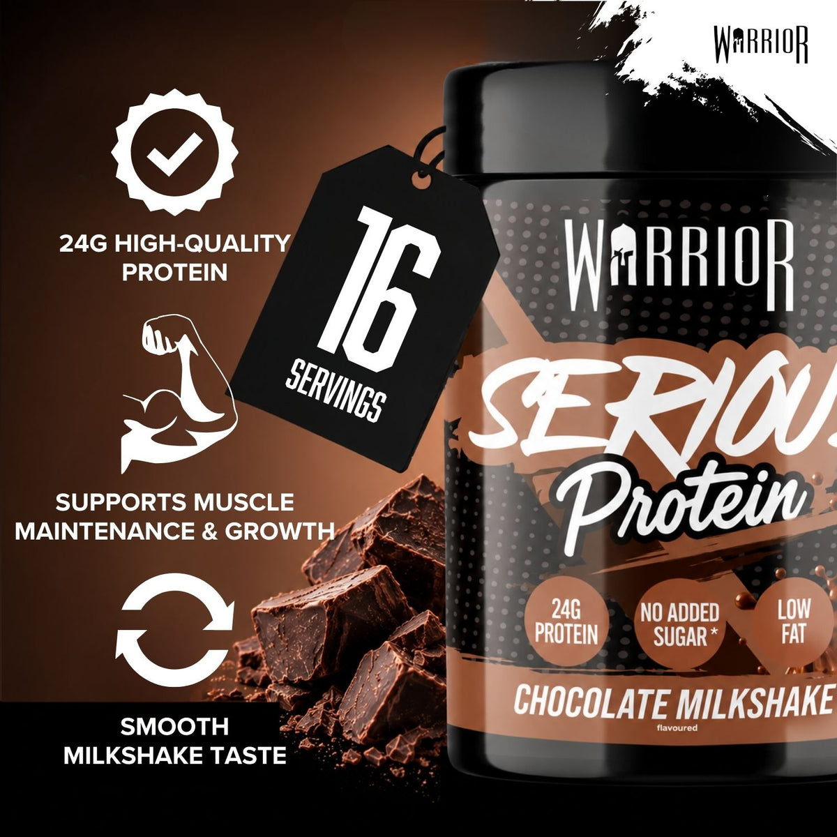 Warrior Serious Protein Chocolate Milkshake, 500g, on a dark brown background with icons highlighting protein content, muscle support and smooth taste, and a hangtag stating 16 servings.