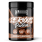 Warrior Serious Protein powder tub, Chocolate Milkshake flavour, 500g – black tub with brown label showing 24g Protein, No Added Sugar and Low Fat badges, with a chocolate milkshake splash graphic.
