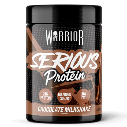 Warrior Serious Protein powder tub, Chocolate Milkshake flavour, 500g – black tub with brown label showing 24g Protein, No Added Sugar and Low Fat badges, with a chocolate milkshake splash graphic.