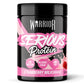 Warrior Serious Protein powder tub, Strawberry Milkshake flavour, 500g – black tub with pink label showing 24g Protein, No Added Sugar and Low Fat badges, with a strawberry milkshake splash graphic and fresh strawberries.