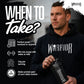 Warrior Serious Protein promotional graphic – man in a Warrior hoodie holding a Warrior shaker bottle, with 'When to take?' usage icons: post-workout or anytime, mixed with water or milk, 24g protein per serving.