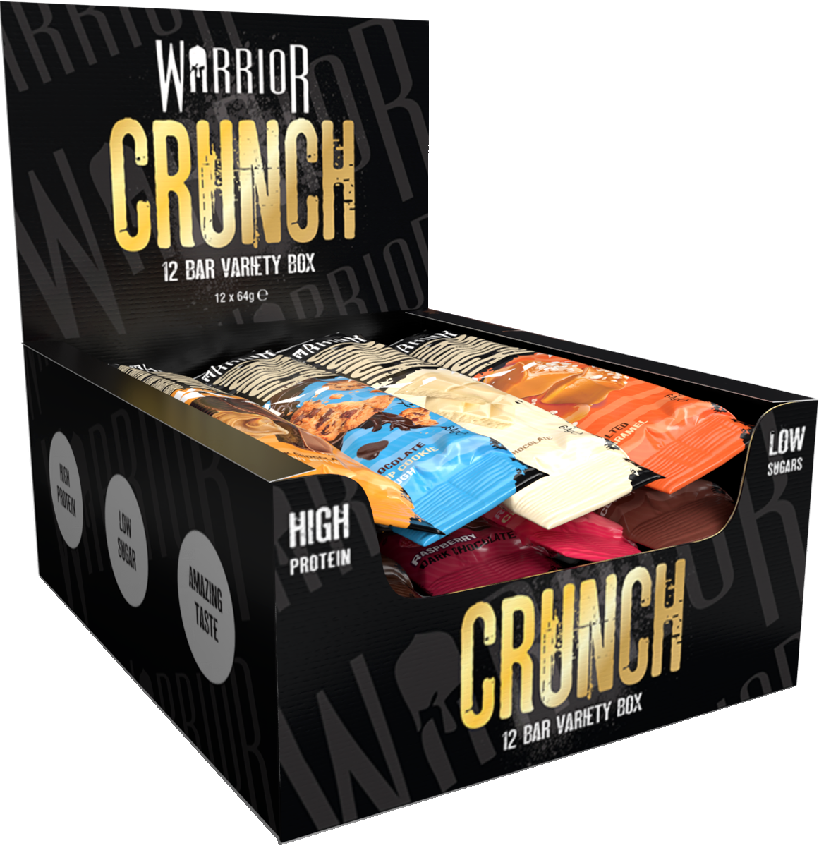 Warrior Crunch 12 Bar Variety Box opened to show high protein, low sugar, amazing taste bars in assorted flavours