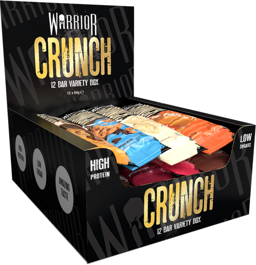 Warrior Crunch 12 Bar Variety Box opened to show high protein, low sugar, amazing taste bars in assorted flavours